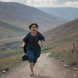 A 16-year-old animated Armenian girl with short hair and traditional clothing, running scared towards the safety of a mountainous landscape. The view from behind captures her desperate escape.