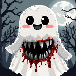 A pixel art style ghost with a cute and cheerful exterior, featuring expressive big eyes and a friendly smile