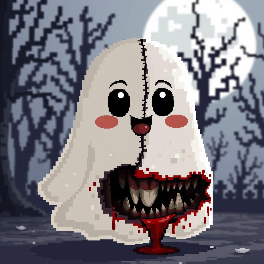 A pixel art style ghost with a cute and cheerful exterior, featuring expressive big eyes and a friendly smile