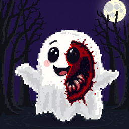 A pixel art style ghost with a cute and cheerful exterior, featuring expressive big eyes and a friendly smile