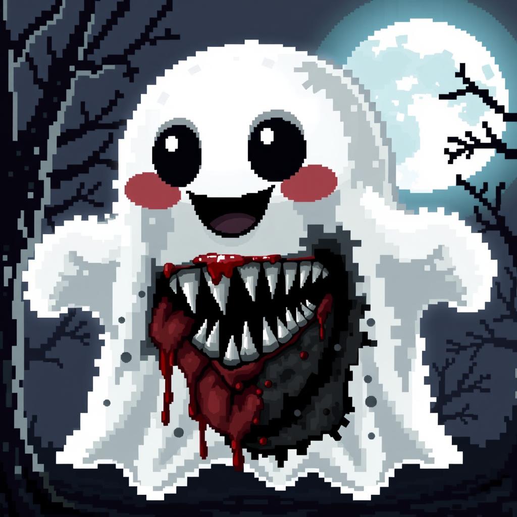 A pixel art style ghost with a cute and cheerful exterior, featuring expressive big eyes and a friendly smile