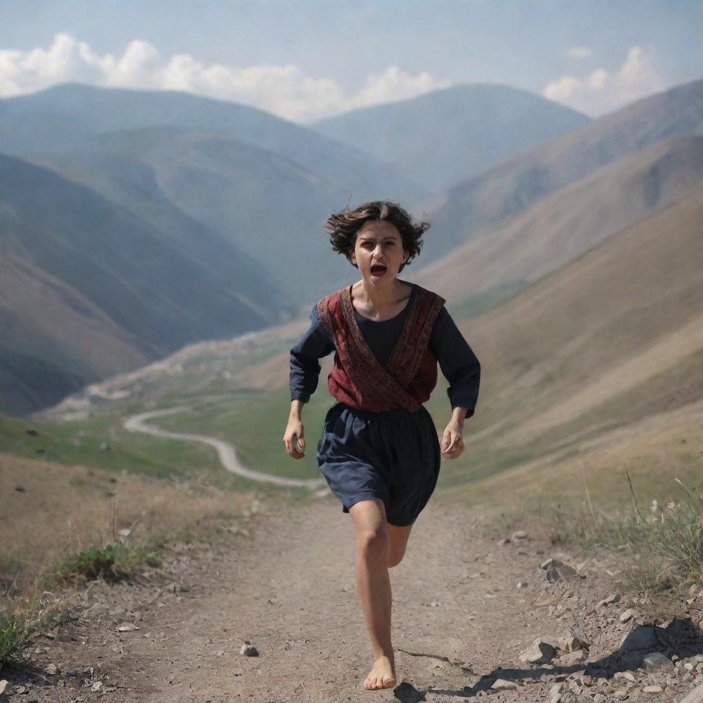 A 16-year-old animated Armenian girl with short hair and traditional clothing, running scared towards the safety of a mountainous landscape. The view from behind captures her desperate escape.