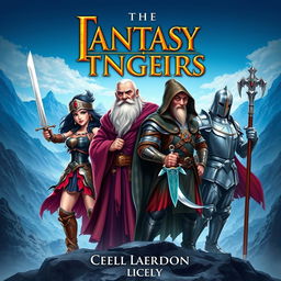 A digital book cover featuring a group of four unique characters: a fierce warrior woman with a sword, dressed in ornate armor, ready for battle; a wise old wizard with a long beard, wearing a flowing robe and holding a magical staff that glows with energy; a agile rogue with a hood and daggers, appearing stealthy and cunning; and a strong, noble knight in shining armor, standing heroically