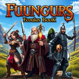 A digital book cover featuring a group of four unique characters: a fierce warrior woman with a sword, dressed in ornate armor, ready for battle; a wise old wizard with a long beard, wearing a flowing robe and holding a magical staff that glows with energy; a agile rogue with a hood and daggers, appearing stealthy and cunning; and a strong, noble knight in shining armor, standing heroically