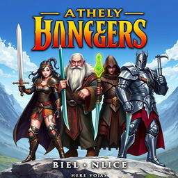 A digital book cover featuring a group of four unique characters: a fierce warrior woman with a sword, dressed in ornate armor, ready for battle; a wise old wizard with a long beard, wearing a flowing robe and holding a magical staff that glows with energy; a agile rogue with a hood and daggers, appearing stealthy and cunning; and a strong, noble knight in shining armor, standing heroically