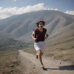 A 16-year-old animated Armenian girl with short hair and traditional clothing, running scared towards the safety of a mountainous landscape. The view from behind captures her desperate escape.