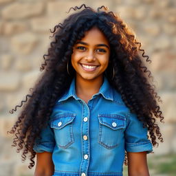 A realistic portrait of an Indian girl with curly hair, wearing a stylish denim dress