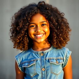 A realistic portrait of an Indian girl with curly hair, wearing a stylish denim dress