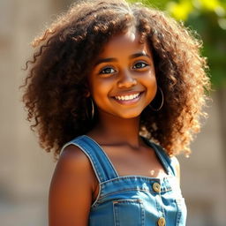 A realistic portrait of an Indian girl with curly hair, wearing a stylish denim dress