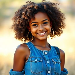 A realistic portrait of an Indian girl with curly hair, wearing a stylish denim dress