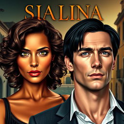 A digital book cover featuring two main characters: Isabela, a beautiful woman with shoulder-length voluminous curly hair in deep dark brown with lighter highlights shimmering in the sun, large expressive dark green eyes with long eyelashes, and golden-tinted brown skin that glows naturally