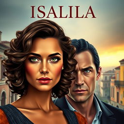 A digital book cover featuring two main characters: Isabela, a beautiful woman with shoulder-length voluminous curly hair in deep dark brown with lighter highlights shimmering in the sun, large expressive dark green eyes with long eyelashes, and golden-tinted brown skin that glows naturally