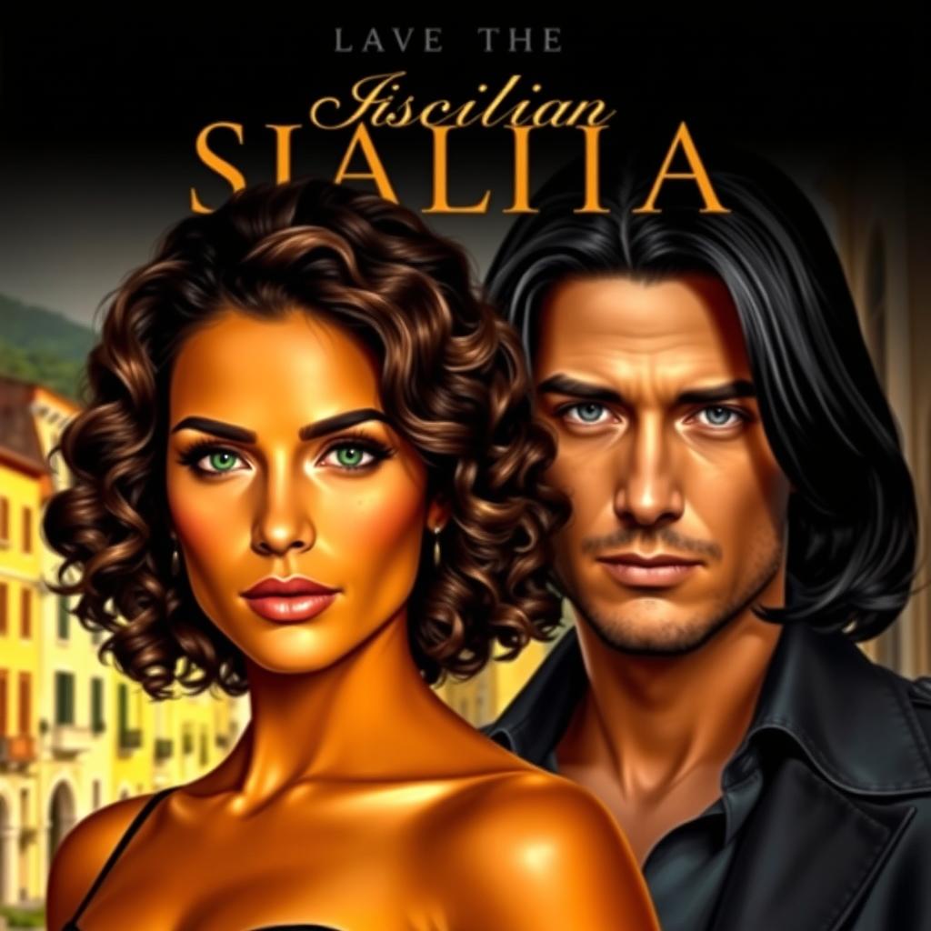 A digital book cover featuring two main characters: Isabela, a beautiful woman with shoulder-length voluminous curly hair in deep dark brown with lighter highlights shimmering in the sun, large expressive dark green eyes with long eyelashes, and golden-tinted brown skin that glows naturally