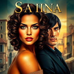 A digital book cover featuring two main characters: Isabela, a beautiful woman with shoulder-length voluminous curly hair in deep dark brown with lighter highlights shimmering in the sun, large expressive dark green eyes with long eyelashes, and golden-tinted brown skin that glows naturally