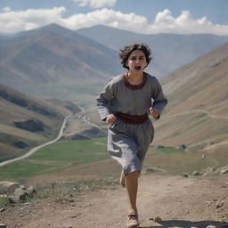 A 16-year-old animated Armenian girl with short hair and traditional clothing, running scared towards the safety of a mountainous landscape. The view from behind captures her desperate escape.