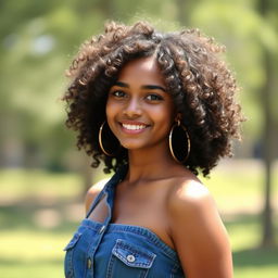 A realistic portrait of a 23-year-old Indian girl with curly hair, wearing a fashionable denim dress