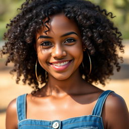 A realistic portrait of a 23-year-old Indian girl with curly hair, wearing a fashionable denim dress