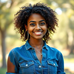 A realistic portrait of a 23-year-old Indian girl with curly hair, wearing a fashionable denim dress