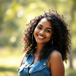 A realistic portrait of a 23-year-old Indian girl with curly hair, wearing a fashionable denim dress