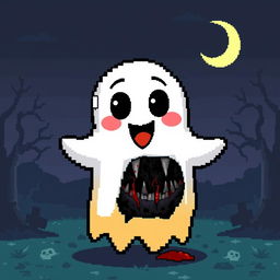 A pixel art style ghost that is adorable and friendly on the outside, displaying bright colors, oversized eyes, and a cheerful expression