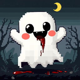 A pixel art style ghost that is adorable and friendly on the outside, displaying bright colors, oversized eyes, and a cheerful expression