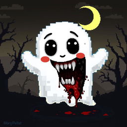 A pixel art style ghost that is adorable and friendly on the outside, displaying bright colors, oversized eyes, and a cheerful expression