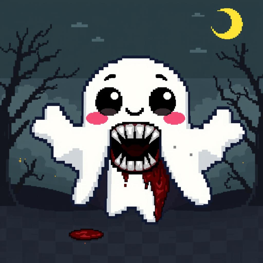 A pixel art style ghost that is adorable and friendly on the outside, displaying bright colors, oversized eyes, and a cheerful expression