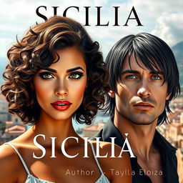 A captivating digital book cover featuring the two main characters: Isabela, a stunning woman with voluminous shoulder-length curly hair in deep dark brown, with lighter highlights glimmering in the sunlight