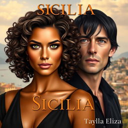 A captivating digital book cover featuring the two main characters: Isabela, a stunning woman with voluminous shoulder-length curly hair in deep dark brown, with lighter highlights glimmering in the sunlight