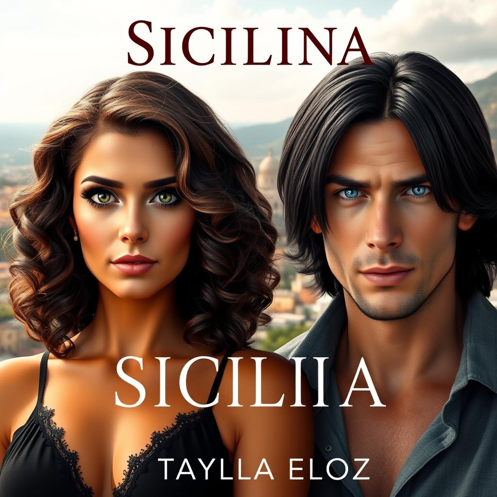 A captivating digital book cover featuring the two main characters: Isabela, a stunning woman with voluminous shoulder-length curly hair in deep dark brown, with lighter highlights glimmering in the sunlight