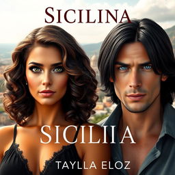 A captivating digital book cover featuring the two main characters: Isabela, a stunning woman with voluminous shoulder-length curly hair in deep dark brown, with lighter highlights glimmering in the sunlight