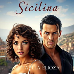 A captivating digital book cover featuring the two main characters: Isabela, a stunning woman with voluminous shoulder-length curly hair in deep dark brown, with lighter highlights glimmering in the sunlight