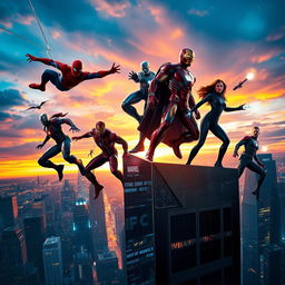 A dynamic and action-packed scene showcasing a diverse group of superheroes from the Marvel universe