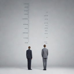 An image visualizing the average human height 100 years in the future, possibly taller due to genetic engineering, improved nutrition and medical advancements. Make sure to highlight the change in stature in a comparative way with today's average height.