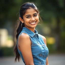 A realistic portrait of a 23-year-old Indian girl wearing a stylish denim dress