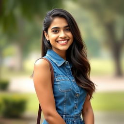 A realistic portrait of a 23-year-old Indian girl wearing a stylish denim dress