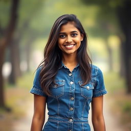 A realistic portrait of a 23-year-old Indian girl wearing a stylish denim dress