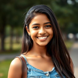 A realistic portrait of a 23-year-old Indian girl wearing a stylish denim dress