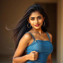 A realistic portrait of a 23-year-old Indian woman wearing a stylish jeans dress