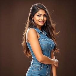 A realistic portrait of a 23-year-old Indian woman wearing a stylish jeans dress