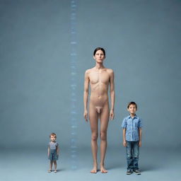 An image visualizing the average human height 100 years in the future, possibly taller due to genetic engineering, improved nutrition and medical advancements. Make sure to highlight the change in stature in a comparative way with today's average height.