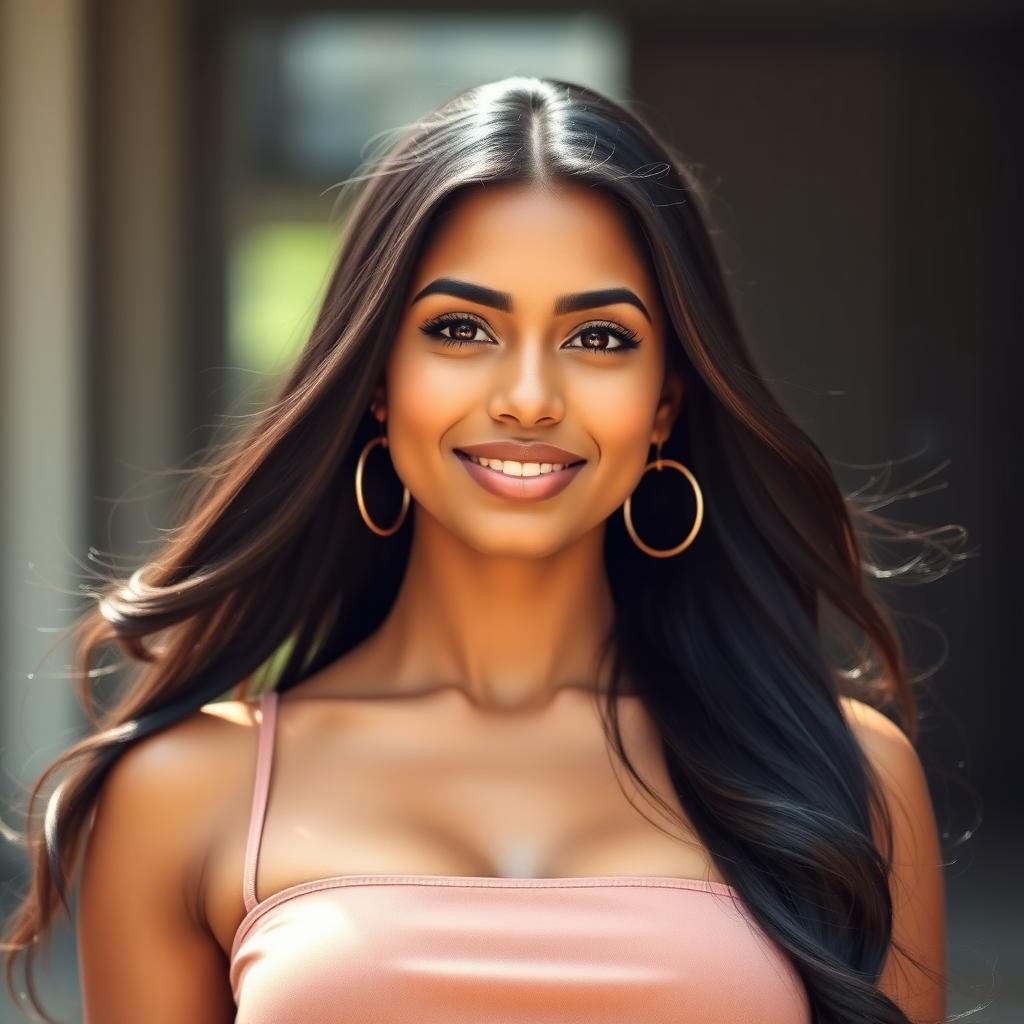 A realistic portrait of a 23-year-old Indian woman with natural features, showcasing her vibrant personality