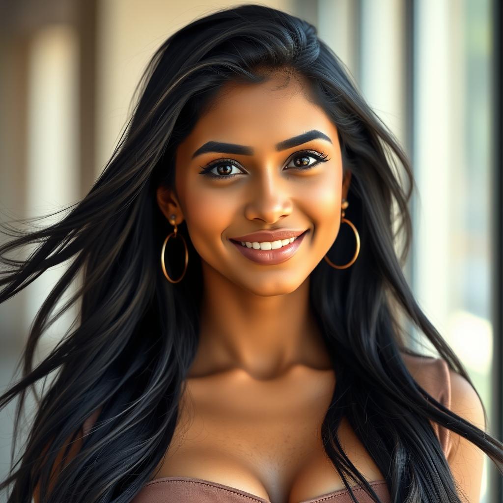 A realistic portrait of a 23-year-old Indian woman with natural features, showcasing her vibrant personality