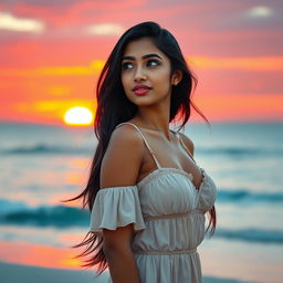 A beautiful 23-year-old Indian woman with realistic features, wearing a light summer dress, standing on a beach, gazing at a stunning sunset