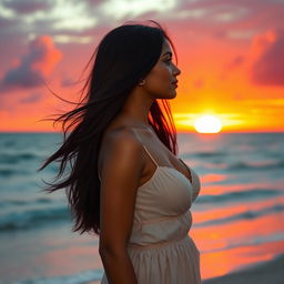 A beautiful 23-year-old Indian woman with realistic features, wearing a light summer dress, standing on a beach, gazing at a stunning sunset