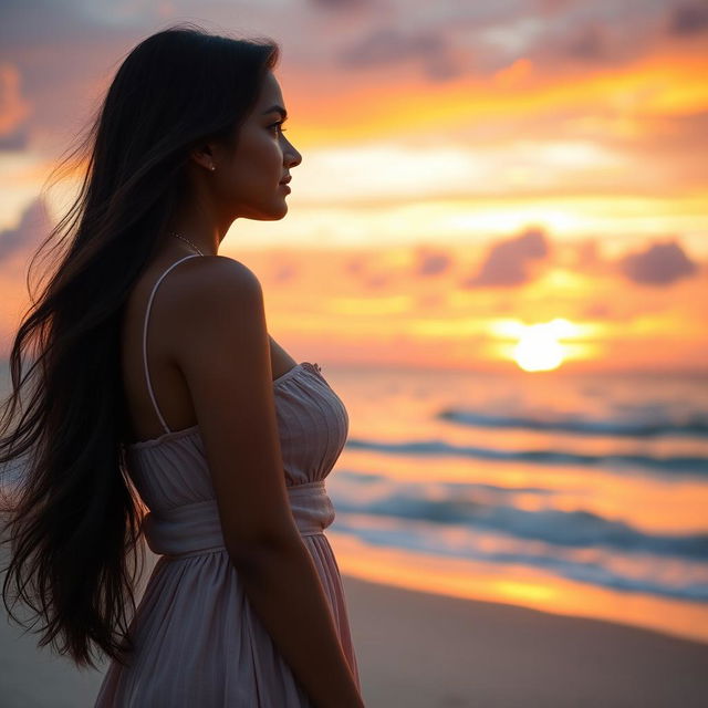 A beautiful 23-year-old Indian woman with realistic features, wearing a light summer dress, standing on a beach, gazing at a stunning sunset