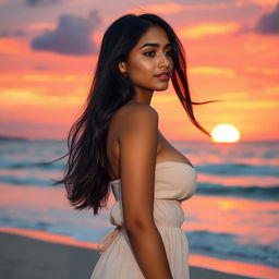 A beautiful 23-year-old Indian woman with realistic features, wearing a light summer dress, standing on a beach, gazing at a stunning sunset