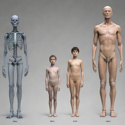 An image visualizing the average human height 100 years in the future, possibly taller due to genetic engineering, improved nutrition and medical advancements. Make sure to highlight the change in stature in a comparative way with today's average height.