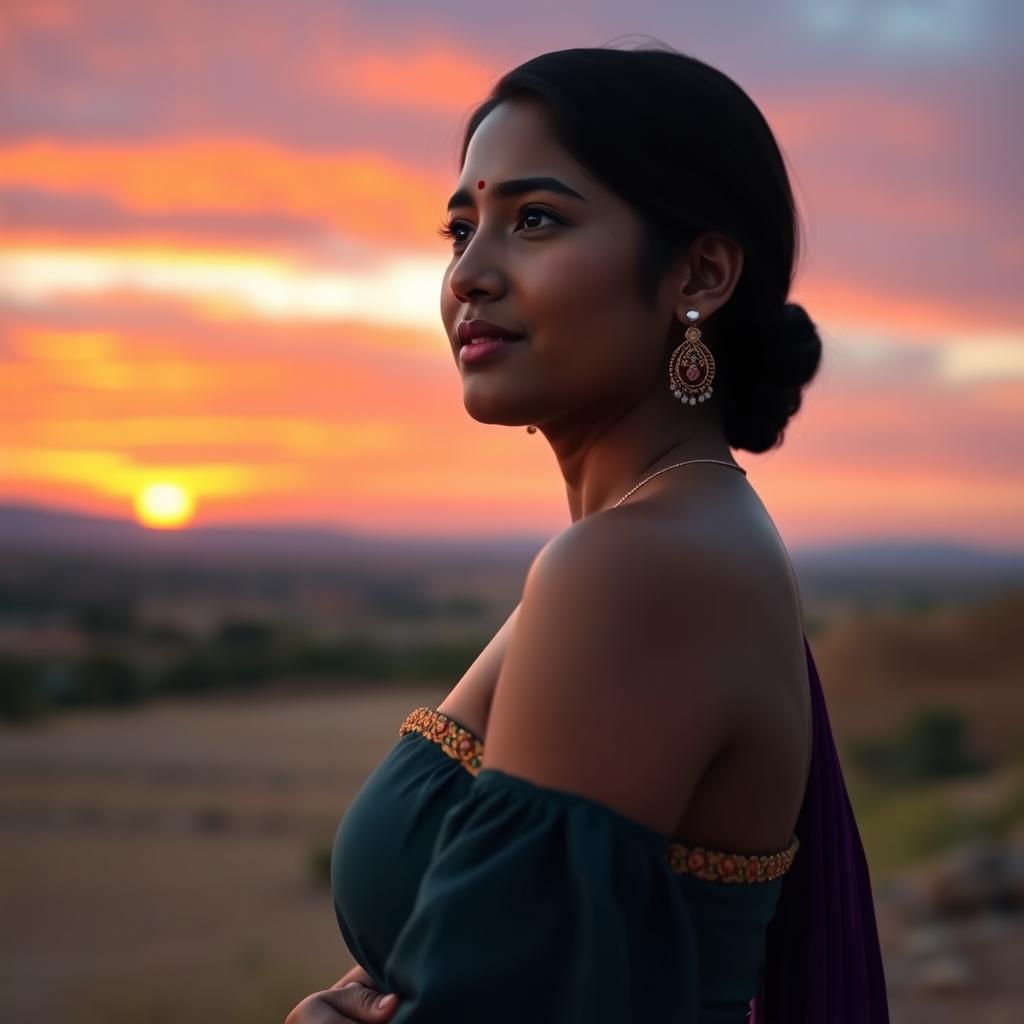 A realistic portrait of a 23-year-old Indian woman, with black hair and warm brown skin, enjoying a breathtaking sunset