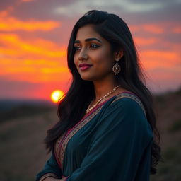 A realistic portrait of a 23-year-old Indian woman, with black hair and warm brown skin, enjoying a breathtaking sunset